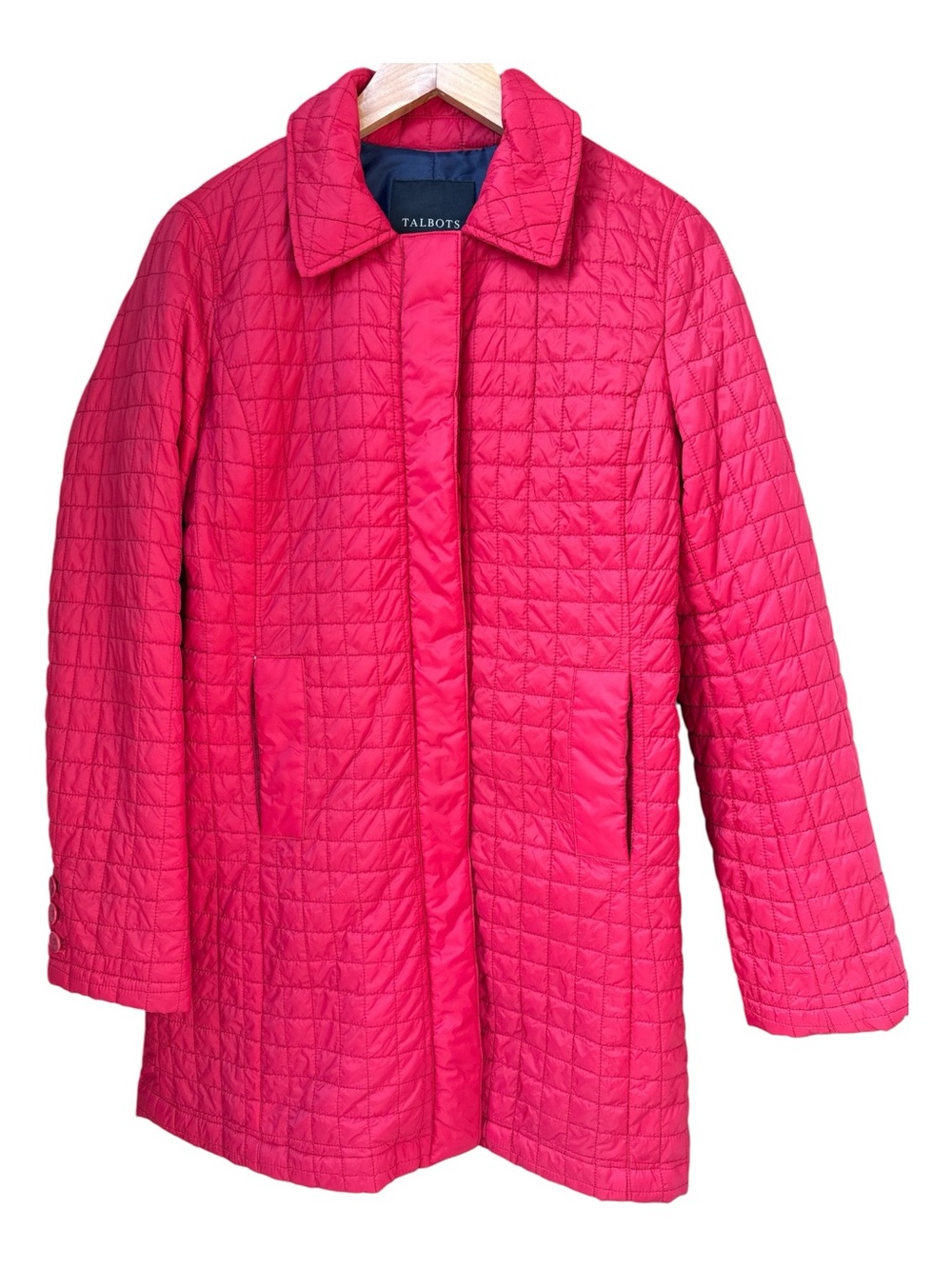 Talbots Quilted Puffer Coat Concealed Button Up Red with Navy Lining